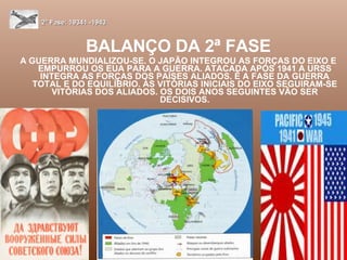 BALANÇO DA 2ª FASE A GUERRA MUNDIALIZOU-SE. O JAPÃO INTEGROU AS FORÇAS DO EIXO E EMPURROU OS EUA PARA A GUERRA. ATACADA APÓS 1941 A URSS INTEGRA AS FORÇAS DOS PAÍSES ALIADOS. É A FASE DA GUERRA TOTAL E DO EQUILÍBRIO. ÀS VITÓRIAS INICIAIS DO EIXO SEGUIRAM-SE VITÓRIAS DOS ALIADOS. OS DOIS ANOS SEGUINTES VÃO SER DECISIVOS. 2ª Fase: 19341 -1943 