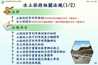 行政院農業委員會水土保持局 優質、效率、團隊
10
† 山坡地保育利用條例(65年04月29日總統令訂定，6度修正)
† 水土保持法(83年5月27日總統華總(一)義字第2845號令訂定，4度修正)
† 山坡地保育利用條例施行細則
† 山坡地土地可利用限度分類標準
† 山坡地保育利用管理獎勵辦法
† 水土保持法施行細則
† 水土保持計畫審核監督辦法格式
† 水土保持保證金繳納及保管運用辦法
† 水土保持計畫審查收費標準
† 特定水土保持區劃定與廢止準則
† 水土保持技術規範
水土保持相關法規(1/2)
法律
法規命令
 