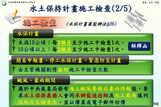 行政院農業委員會水土保持局 優質、效率、團隊
102
† 由主管機關酌情自訂施工中檢查次數
簡易申報書、停工水保計畫、緊急防災計畫
水土保持計畫施工檢查(2/5)
† 未滿10公頃：每3個月至少施工中檢查1次。
† 10公頃以上：每2個月至少施工中檢查1次。
水保計畫
解釋函
(水保計畫審監辦法§26)
† 應於中央氣象局發布海上颱風警報或豪雨特報後，要
求水土保持義務人會同承辦監造技師及施工廠商填列
設施自主檢查表，並以傳真或電子郵件回傳
颱風、豪雨期間
 