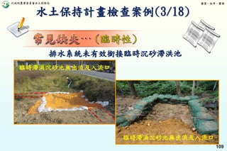 行政院農業委員會水土保持局 優質、效率、團隊
109
排水系統未有效銜接臨時沉砂滯洪池
臨時滯洪沉砂池無出流及入流口
臨時滯洪沉砂池無出流及入流口
水土保持計畫檢查案例(3/18)
 