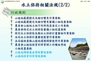 行政院農業委員會水土保持局 優質、效率、團隊
11
† 山坡地範圍劃定及檢討變更作業要點
† 山坡地範圍劃定及檢討變更審議小組設置要點
† 農委會山坡地土地可利用限度查定工作要點
† 農委會特定水土保持區審議小組設置要點
† 特定水土保持區長期水土保持計畫審核作業要點
† 本局水土保持計畫審核監督作業要點
† 本局協助查報山坡地違規開發使用作業要點
† 農委會山坡地保育利用管理工作績效考核
小組設置要點
† 山坡地開發基金貸款實施要點
† 山坡地保育利用貸款要點
水土保持相關法規(2/2)
行政規則
 