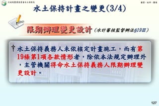 行政院農業委員會水土保持局 優質、效率、團隊
127
†水土保持義務人未依核定計畫施工，而有第
19條第1項各款情形者，除依本法規定辦理外
，主管機關得命水土保持義務人限期辦理變
更設計。
水土保持計畫之變更(3/4)
(水計審核監督辦法§19Ⅲ)
 