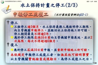 行政院農業委員會水土保持局 優質、效率、團隊
130
† 停工
工程停工逾3個月，水土保持義務人應敘明停工期限。
向主管機關申報停工，並繳回水土保持施工許可證，
停工期間最長不得逾2年。
應於停工期限屆滿10日前向主管機關申請展延，並以2
次為限，每次不得超過6個月。
† 復工
應於停工屆滿10日前申報，並重新申領施工許可證。
水土保持計畫之停工(2/3)
(水計審核監督辦法§22-1)
† 未依規定申報停工或復工者，如無其他可證明事實，
以主管機關實施檢查或現勘日，為停工或復工之日。
 