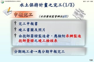 行政院農業委員會水土保持局 優質、效率、團隊
132
分期施工者→應分期申報完工
水土保持計畫之完工(1/3)
† 完工申報書
† 竣工書圖及照片
† 由技師簽證監造者，應檢附承辦監造
技師簽證之竣工檢核表
(水保審核監督辦法§32)
 