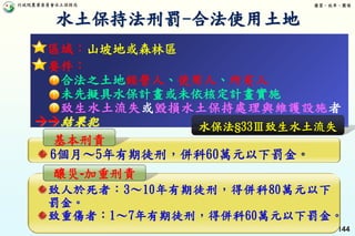 行政院農業委員會水土保持局 優質、效率、團隊
144
水保法§33Ⅲ致生水土流失
區域：山坡地或森林區
要件：
合法之土地經營人、使用人、所有人
未先擬具水保計畫或未依核定計畫實施
致生水土流失或毀損水土保持處理與維護設施者
結果犯
基本刑責
6個月～5年有期徒刑，併科60萬元以下罰金
釀災-加重刑責
致人於死者：3～10年有期徒刑，得併科80萬元以下
罰金。
致重傷者：1～7年有期徒刑，得併科60萬元以下罰金。
水土保持法刑罰-合法使用土地
 