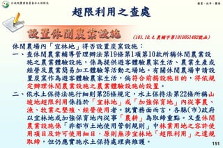行政院農業委員會水土保持局 優質、效率、團隊
151
超限利用之查處
休閒農場內「宜林地」得否設置炭窯設施：
一、查休閒農業輔導管理辦法第19條第1項第10款所稱休閒農業設
施之農業體驗設施，係為提供遊客體驗農家生活、農業生產或
經營及農業簡易加工體驗等活動之場地。有關休閒農場申請設
置炭窯作為遊客體驗農家生活，倘符合前揭設施目的，得依規
定辦理休閒農業設施之農業體驗設施的設置。
二、依水土保持法施行細則第26條規定，水土保持法第22條所稱山
坡地超限利用係指於「宜林地」或「加強保育地」內從事農、
漁、牧業之墾殖、經營使用者。就實務面而言，各縣(市)政府
以宜林地或加強保育地內從事「農耕」為取締重點。又查休閒
農業設施係「非都市土地使用管制規則」中林業用地之容許使
用項目及許可使用細目，原則無涉宜林地「超限利用」之違規
取締，但仍應實施水土保持處理與維護。
(101.10.4.農輔字第1010051482號函)
 
