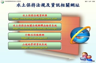 行政院農業委員會水土保持局 優質、效率、團隊
154
水土保持法相關法規解釋函檢索系統
https://swdl.swcb.gov.tw/WebPage/News.aspx
水土保持法規資料庫
https://www.swcb.gov.tw/Laws/laws_view
山坡地管理資訊系統
https://smis.swcb.gov.tw
水土保持法規及資訊相關網址
行動水保服務網
https://serv.swcb.gov.tw/
 