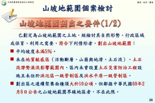 行政院農業委員會水土保持局 優質、效率、團隊
26
山坡地範圍個案檢討
已劃定為山坡地範圍之土地，經檢討其自然形勢、行政區域
或保育、利用之需要，符合下列情形者，劃出山坡地範圍：
 平均坡度未滿5％。
 未在地質敏感區（活動斷層、山崩與地滑、土石流）、土石
流潛勢溪流影響範圍內、區內未曾設置土石災害防治工程設
施且未位於洪氾區一級管制區及洪水平原一級管制區。
 劃出區之連續聚集面積須大於10公頃。但鄰接中華民國69年2
月6日公告之山坡地範圍界線地區者，不在此限。
 