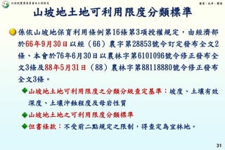 行政院農業委員會水土保持局 優質、效率、團隊
31
係依山坡地保育利用條例第16條第3項授權規定，由經濟部
於66年9月30日以經（66）農字第28853號令訂定發布全文2
條、本會於76年6月30日以農林字第6101096號令修正發布全
文3條及88年5月31日（88）農林字第88118880號令修正發布
全文3條。
山坡地土地可利用限度之分類分級查定基準：坡度、土壤有效
深度、土壤沖蝕程度及母岩性質
山坡地土地之可利用限度分類標準
但書條款：不受前二點規定之限制，得查定為宜林地。
山坡地土地可利用限度分類標準
 