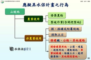 行政院農業委員會水土保持局 優質、效率、團隊
52
應擬具水保計畫之行為
山坡地
農業使用
整坡作業(含開挖整地)
修築農路
探、採礦或附屬設施
採取土石
修建鐵、公路、其他道路
開發建築用地、公園、墳墓
、遊憩用地、運動場地、軍
事訓練場、堆積土石、處理
廢棄物、其他開挖整地。
非農業使用
水保法§12Ⅰ
 