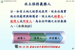 行政院農業委員會水土保持局 優質、效率、團隊
61
水土保持義務人
公、私有土地之經營或使用，依本法應實
施水保處理與維護者，該土地之經營人、
使用人或所有人，為本法所稱之水保義務
人。(水保法§4)
經營人 使用人 所有權人
99.12.30.農授水保字第0991872668號函
 