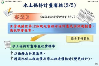行政院農業委員會水土保持局 優質、效率、團隊
79
主管機關依第12條規定審核水保計畫或水保規劃書，
應收取審查費。
水土保持計畫審查收費標準
† 以面積為計算基準。
† 增減水保工程造價及原工程造價核計(變更設計)。
(水保審核監督辦法§ 14-1)
簡易申報書免
水土保持計畫審核(2/5)
 