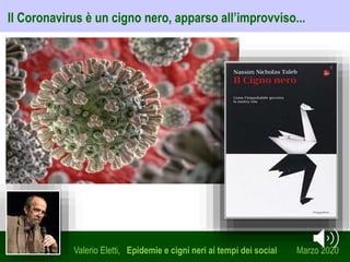 Valerio Eletti, Epidemie e cigni neri ai tempi dei social Marzo 2020
Il Coronavirus è un cigno nero, apparso all’improvviso...
 