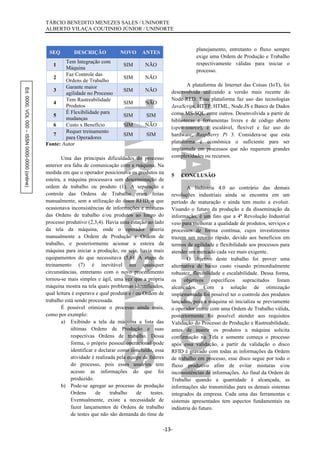 Ed.0000.VOL000–ISSN0000-0000(online) TÁRCIO BENEDITO MENEZES SALES / UNINORTE
ALBERTO VILAÇA COUTINHO JÚNIOR / UNINORTE
-13-
SEQ DESCRIÇÃO NOVO ANTES
1
Tem Integração com
Máquina
SIM NÃO
2
Faz Controle das
Ordens de Trabalho
SIM NÃO
3
Garante maior
agilidade no Processo
SIM NÃO
4
Tem Rastreabilidade
Produtos
SIM NÃO
5
É Flexibilidade para
mudanças
SIM SIM
6 Custo x Benefício SIM NÃO
7
Requer treinamento
para Operadores
SIM SIM
Fonte: Autor
Uma das principais dificuldades do processo
anterior era falta de comunicação com a máquina. Na
medida em que o operador posicionava os produtos na
esteira, a máquina processava sem descriminação de
ordem de trabalho ou produto (1). A separação e
controle das Ordens de Trabalho eram feitas
manualmente, sem a utilização do disco RFID, o que
ocasionava inconsistências de informações e misturas
das Ordens de trabalho e/ou produtos ao longo do
processo produtivo (2,3,4). Havia uma estação ao lado
da tela da máquina, onde o operador inseria
manualmente a Ordem de Produção e Ordem de
trabalho, e posteriormente acionar a esteira da
máquina para iniciar a produção, ou seja, havia mais
equipamentos do que necessitava (5,6). A etapa de
treinamento (7) é inevitável em quaisquer
circunstâncias, entretanto com o novo procedimento
tornou-se mais simples e ágil, uma vez que a própria
máquina mostra na tela quais problemas identificados,
qual leitura é esperava e qual produto e / ou Ordem de
trabalho está sendo processada.
É possível otimizar o processo ainda mais,
como por exemplo:
a) Exibindo a tela da máquina a lista das
últimas Ordens de Produção e suas
respectivas Ordens de trabalho. Dessa
forma, o próprio pessoal operacional pode
identificar e declarar como concluído, essa
atividade é realizada pela equipe de líderes
do processo, pois esses usuários tem
acesso as informações do que foi
produzido.
b) Pode-se agregar ao processo de produção
Ordens de trabalho de testes.
Eventualmente, existe a necessidade de
fazer lançamentos de Ordens de trabalho
de testes que não são demanda do time de
planejamento, entretanto o fluxo sempre
exige uma Ordem de Produção e Trabalho
respectivamente válidas para iniciar o
processo.
A plataforma de Internet das Coisas (IoT), foi
desenvolvida utilizando a versão mais recente do
Node-RED. Essa plataforma faz uso das tecnologias
JavaScript, HTTP, HTML, Node.JS e Banco de Dados
como MS-SQL entre outros. Desenvolvida a partir de
bibliotecas e ferramentas livres e de código aberto
(open-source), é escalável, flexível e faz uso do
hardware, RaspBerry Pi 3. Considera-se que esta
plataforma é econômica o suficiente para ser
implantada em processos que não requerem grandes
complexidades ou recursos.
5 CONCLUSÃO
A Indústria 4.0 ao contrário das demais
revoluções industriais ainda se encontra em um
período de maturação e ainda tem muito a evoluir.
Visando o futuro da produção e da disseminação da
informação, é um fato que a 4ª Revolução Industrial
veio para melhorar a qualidade de produtos, serviços e
processos de forma contínua, cujos investimentos
trazem um retorno rápido, devido aos benefícios em
termos de agilidade e flexibilidade aos processos para
atender um mercado cada vez mais exigente.
O objetivo deste trabalho foi prover uma
alternativa de baixo custo visando primordialmente
robustez, flexibilidade e escalabilidade. Dessa forma,
os objetivos específicos supracitados foram
alcançados. Com a solução de otimização
implementada foi possível ter o controle dos produtos
lançados, pois a máquina só inicializa se previamente
o operador entrar com uma Ordem de Trabalho válida,
posteriormente foi possível atender aos requisitos
Validação do Processo de Produção e Rastreabilidade,
antes de inserir os produtos a máquina solicita
confirmação na Tela e somente começa o processo
após essa validação, a partir da validação o disco
RFID é gravado com todas as informações da Ordem
de trabalho em processo, esse disco segue por todo o
fluxo produtivo afim de evitar misturas e/ou
inconsistências de informações. Ao final da Ordem de
Trabalho quando a quantidade é alcançada, as
informações são transmitidas para os demais sistemas
integrados da empresa. Cada uma das ferramentas e
sistemas apresentados tem aspectos fundamentais na
indústria do futuro.
 