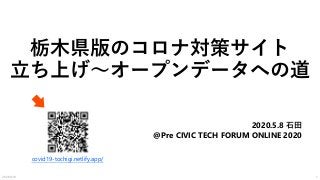 栃木県版のコロナ対策サイト
立ち上げ～オープンデータへの道
2020.5.8 石田
@Pre CIVIC TECH FORUM ONLINE 2020
2020/5/9 1
covid19-tochigi.netlify.app/
 