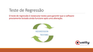 Teste de Regressão
O teste de regressão é reexecutar testes para garantir que o software
previamente testado ainda funcione após uma alteração.
 
