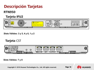 Copyright © 2010 Huawei Technologies Co., Ltd. All rights reserved. Page 18Page 18Page 18
Tarjeta IFU2
Tarjeta CST
RTN950
Slots Válidos: 3 y 5, 4 y 6, 1 y 2
Slots Válidos: 7 y 8
Descripción Tarjetas
 