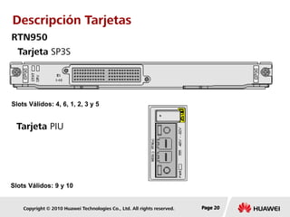 Copyright © 2010 Huawei Technologies Co., Ltd. All rights reserved. Page 20Page 20Page 20
Tarjeta SP3S
Tarjeta PIU
Slots Válidos: 4, 6, 1, 2, 3 y 5
Slots Válidos: 9 y 10
RTN950
Descripción Tarjetas
 