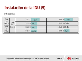 Copyright © 2010 Huawei Technologies Co., Ltd. All rights reserved. Page 29Page 29Page 29
Instalación de la IDU (5)
RTN 950 Slots
EM6T AUX
CSH CSH
IFU2
IFU2
 
