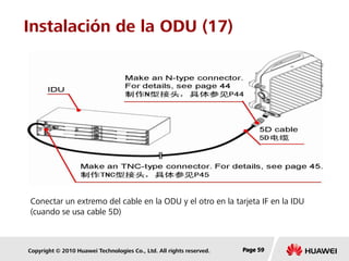 Copyright © 2010 Huawei Technologies Co., Ltd. All rights reserved. Page 59Page 59Page 59
Instalación de la ODU (17)
Conectar un extremo del cable en la ODU y el otro en la tarjeta IF en la IDU
(cuando se usa cable 5D)
 