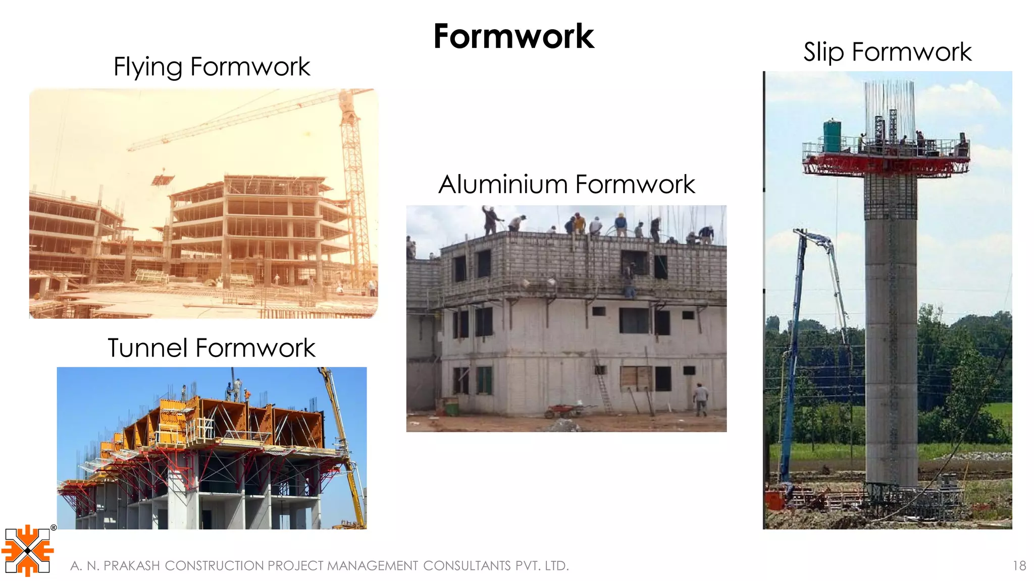 Formwork
Flying Formwork
Tunnel Formwork
Aluminium Formwork
Slip Formwork
A. N. PRAKASH CONSTRUCTION PROJECT MANAGEMENT CONSULTANTS PVT. LTD. 18
 