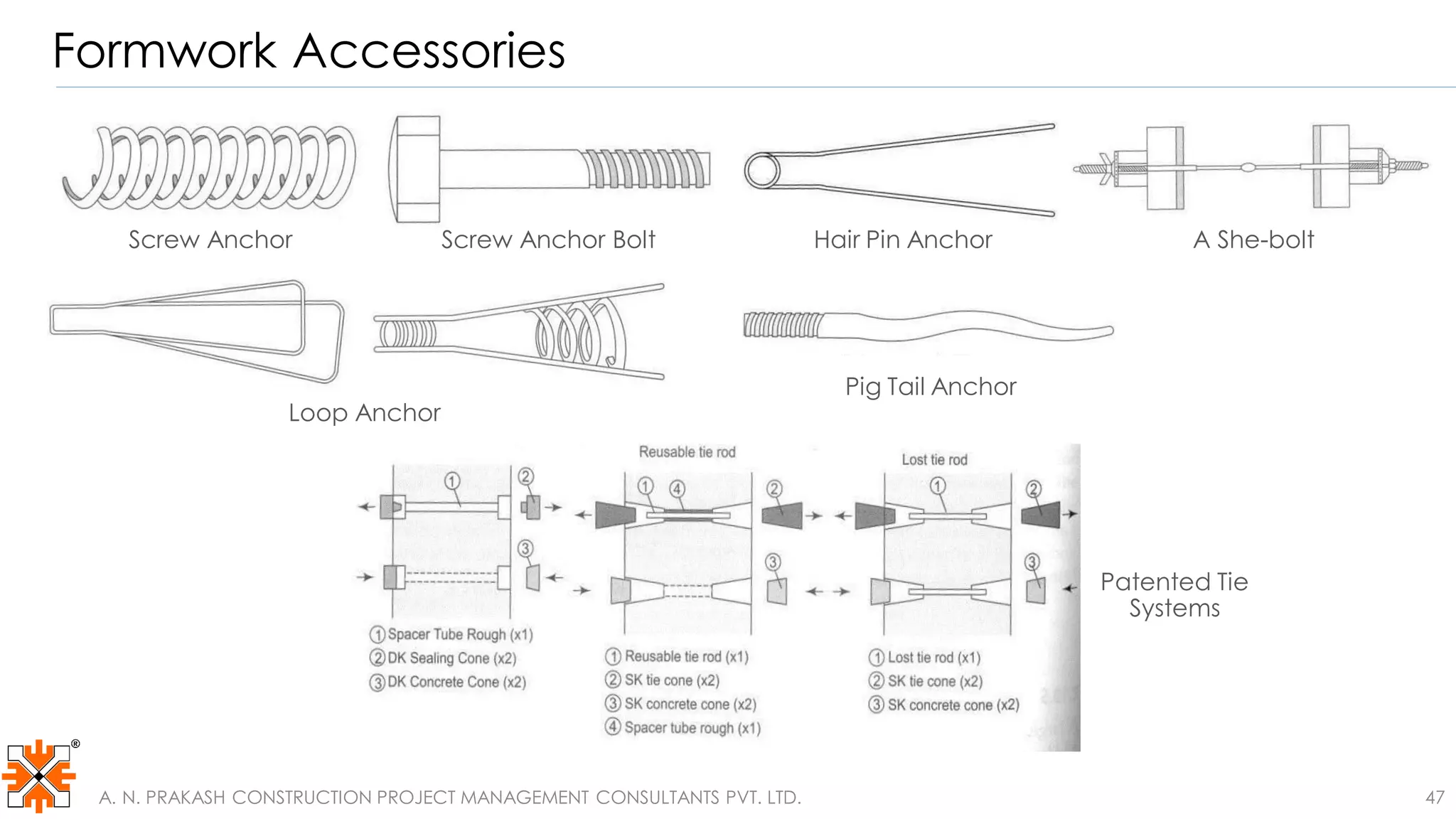 Screw Anchor Screw Anchor Bolt Hair Pin Anchor
Loop Anchor
A She-bolt
Pig Tail Anchor
Patented Tie
Systems
Formwork Accessories
A. N. PRAKASH CONSTRUCTION PROJECT MANAGEMENT CONSULTANTS PVT. LTD. 47
 