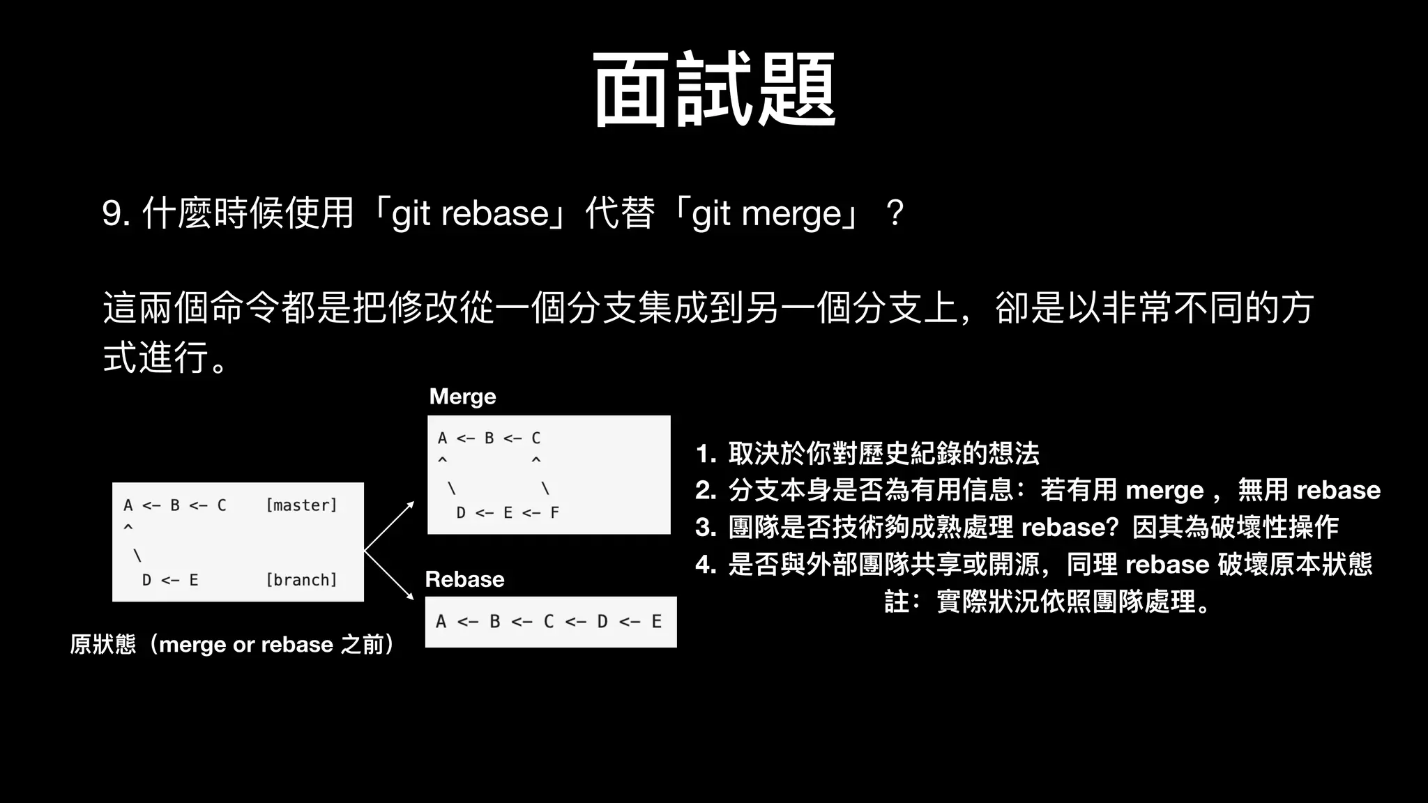 ⾯面試題
9. 什什麼時候使⽤用「git rebase」代替「git merge」？

這兩個命令都是把修改從⼀一個分⽀支集成到另⼀一個分⽀支上，卻是以⾮非常不不同的⽅方
式進⾏行行。 
原狀狀態（merge or rebase 之前）
Merge
Rebase
1. 取決於你對歷歷史紀錄錄的想法
2. 分⽀支本身是否為有⽤用信息：若有⽤用 merge ，無⽤用 rebase
3. 團隊是否技術夠成熟處理理 rebase？因其為破壞性操作
4. 是否與外部團隊共享或開源，同理理 rebase 破壞原本狀狀態
註：實際狀狀況依照團隊處理理。
 