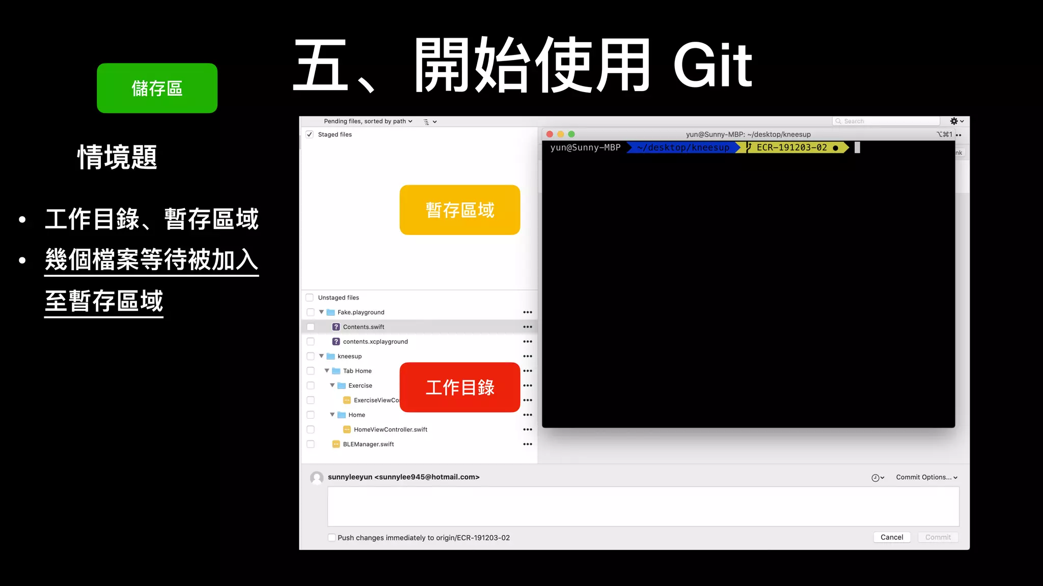 五、開始使⽤用 Git
情境題
⼯工作⽬目錄錄
暫存區域
儲存區
• ⼯工作⽬目錄錄、暫存區域
• 幾個檔案等待被加⼊入
⾄至暫存區域
• 如何從⼯工作⽬目錄錄到暫
存區域
• 如何從暫存區域到儲
存庫
 