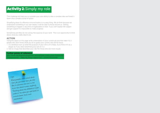 This challenge will help you to consider your own ability to take a complex idea and break it
down into a simple course of action.
Simplifying ideas for effective communication is no easy thing. We all think because we
understand something in our own heads, it will be clear to those around us. Getting
something to happen in any kind of organisation is hard. If you can’t explain the subject
and get support it’s impossible to make progress.
Sometimes job titles do not convey the essence of your work. This is an opportunity to think
about what you really need to do.
ACTION
Using the space on this page write a description of your current job and then take it to 2
people who don;t know what you do to guess your current role and its focus.
1. In a sentence sum up what the purpose of your role is (if it helps, try to think of it as a
slogan as if you were advertising your job on t.v.)
2. Add an image that describes your role (for those who are more visual)
Further points of reference
http://www.valuebasedmanagement.net/methods_covey_seven_habits.html
“Change activist – Make big things happen fast” - Carmel McConnell
Activity2:Simply my role
TIP
Many people, when asked about
their job just share their job title.
But to someone who isn’t in the
know this doesn’t mean anything.
Thinking about the difference to you
make or the value you add leads to
a much better focus and...
conversation!
 
