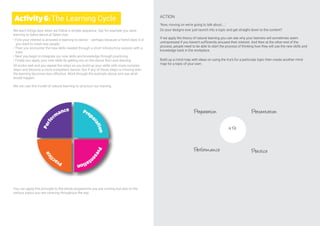 Activity6:The Learning Cycle ACTION
‘Now, moving on we’re going to talk about…..’
Do your designs ever just launch into a topic and get straight down to the content?
If we apply the theory of natural learning you can see why your learners will sometimes seem
unimpressed if you haven’t sufficiently aroused their interest. And then at the other end of the
process, people need to be able to start the process of thinking how they will use the new skills and
knowledge back in the workplace.
Build up a mind map with ideas on using the 4 p’s for a particular topic then create another mind
map for a topic of your own.
We learn things best when we follow a simple sequence. Say for example you were
learning to Salsa dance at Salsa club.
• First your interest is aroused in learning to dance – perhaps because a friend does it or
you want to meet new people.
• Then you encounter the new skills needed through a short introductory session with a
tutor.
• Next you begin to integrate our new skills and knowledge through practicing.
• Finally you apply your new skills by getting out on the dance floor and dancing.
All works well and you repeat the steps as you build up your skills with more complex
steps and become a more competent dancer. But if any of those steps is missing then
the learning becomes less effective. Work through the example above and see what
would happen.
We can use this model of natural learning to structure our training:
You can apply this principle to the whole programme you are running but also to the
various topics you are covering throughout the day.
4 Ps
Preparation
Performance Practice
Presentation
 