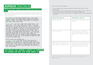 Area of work I’m least confident in: .............................................................................
1. In the left hand column describe what you currently Think, Feel & Do in this
situation. Then...
2. In the right hand column describe what will be more helpful for you to Think, Feel
& Do so that you stand the best chance of getting a winning result
(Tip: Remember what you Think, Feel & Do in situations when you feel confident and
in control!)
What we think impacts our emotions and how we
feel.
This in turn affects our actions (in other words, what we do) and ultimately the
results we get! So putting it simply, how we think has a big part to play in the
results that we get.
Activity23: Think, feel, do
For example, as a local league badminton player I never looked
forward to playing mixed doubles, instead I preferred to play ladies
doubles or singles. I only played mixed doubles as a last resort if
there were no other ladies to play.
I used to think... how much I hated mixed doubles (‘hate’ is a very
strong word). I know I even used to say to myself: “I bet we’ll
lose!” This led me to feel...self conscious, fed up and not confident in
my game as I imagined us losing. So what I used to do was...go on
court with my head down, not stand in an alert pose (ready to get
the shots), not keep on my toes (ready to move quickly) And at
club nights I just avoided playing mixed games so I never really got
to practise and get better And then, as a result I would... miss easy
shots, make stupid errors, put my partner under pressure and
ultimately we didn’t win many matches. (Surprise, surprise!) And people
were reluctant to partner me. All this reinforced my belief that I was
a pants mixed doubles player.
And the vicious cycle continued until... ...
I changed my thinking (“We could win this. That’ll surprise the
opposition!!”), which affected how I felt( excited, cheeky, playful as I
imagined what it would be like to win)and this altered what I did (kept
on my toes so I moved quicker & I actually play with a smile of my
face ), so that now I get more winning results and keep practising so
that I can get better.
Current Think, Feel, Do Changed Think, Feel, Do
What do you think? What would be more helpful for you
to think?
Now imagine you are achieving a
winning result...Describe how you will
feel knowing you have done a great
job?
What will you be doing (describe how
will you be sitting/standing, what will
the expression on your face be like?
What will you be saying out loud?)
How do you feel?
What do you do? (how do you sit/
stand, what is the expression on your
face? What do you say out loud?)
Share your thoughts and ideas with each other and most importantly...try it out &
keep practising
YOU REALLY CAN CHANGE A RESULT BY STARTING
TO CHANGE THE WAY YOU THINK ABOUT IT!
So now think about an area of your work that you are least confident about and
use this to help you complete the small challenge opposite.
 