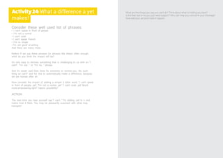 What are the things you say you can’t do? Think about what is holding you back?
Is the feat real or so you just need support? Who can help you overcome your blockage?
Now add your yet and make it happen.
Consider these well used list of phrases:
• I can’t speak in front of people
• I’m not a runner
• I can’t cook
• I can’t speak French
• I’m no singer
• I’m not good at writing
And there are many more..
Reflect If we say these phrases (or phrases like these) often enough,
what do you think the impact will be?
It’s very easy to dismiss something that is challenging to us with an “I
can’t”, “I’m not...” or “I’m no...” phrase.
And it’s easier said than done for someone to remind you, :No such
thing as can’t!” and for this to automatically make a difference, because
we are human after all.
Now consider the impact of adding a simple 3 letter word: “I can’t speak
in front of people...yet”, “I’͛m not a runner...yet” “I can’t cook...yet” Much
more empowering right? Injects possibility?
ACTION
The next time you hear yourself say “I can’t...” Try adding…’yet’ to it and
notice how it feels. You may be pleasantly surprised with what may
transpire!
Activity24:What a difference a yet
makes!
 