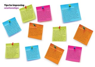 Give up on fixing others. The adage
“When you point one finger at
another person, four more are pointing
at you” is very true. You may be great
at seeing others’ flaws and missteps,
and you may be tempted to offer
unsolicited advice. Resist the urge.
Instead, focus on yourself and let
them make their own mistakes.
Watch your triggers. Who sets youoff? Perhaps it’s the co-workerwho dumps his work and problemsin your lap, which puts you in themartyr/rescuer role. Reflect on whythis “trigger” keeps popping up, andwhat role you’re playing in
Don’t unload. Do you unload your
problems, ideas, or experiences on
someone else without really looking
for an interaction? Next time, be
clear about what you want from the
other person. Advice? Direction? A
shoulder to cry on? Don’t vent
without a clearly identified goal.
Learn to wait – 24 hours or more. If
you tend to be an impulsive person
and respond right away when you
observe behaviour you don’t like, try
sitting with your thoughts before
you address it. If at the end of
that time you still want to address
it, you will be more calm and likely
more balanced in your approach.
Define success. It’s typical to set goals
in our business, career, or work
relationships. But what we forget to do is
to define what success looks like. Take
the time to paint the picture of what you
want. What kind of culture? What kind
of relationships? What do you want to be
known for in your workplace? Be clear
about where you are going.
Practice being the Interested Observer. One of the
best ways to improve your workplace relationships
is by watching others’ reactions to things you and
others say. Think of it as stepping out of the
theatre. We all tend to fall into rote responses.
Step back to watch what’s going on. You’ll
observe “helpful” people, “I feel sorry for myself”
people, and “giving” people, to name a few types.
Be sure to watch your own approaches and
reactions. Do you also react as a “type” instead as
an objective listener?
Be cautiously open. This one may
depend on your culture – learn what
is acceptable and what is not before
you reveal too much. But in order to
build relationships, it is give and take.
Give others the opportunity to
understand who you really are. Longer
term, this is how you create trust,
loyalty, and respect, and feel more
comfortable in your “work skin.”
Leave labels off. Think about the process
that goes on inside our heads. We look
out at reality, we filter it, and then we
label it. We don’t like staff members
who are “like that.” We see someone’s
walk and make a judgment about who
they are. We watch someone in a
meeting and judge their contribution.
Stop labelling. Turn your opinions into
factual observations wherever you can.
Let them finish. An easy way toimprove all your interactions is tosimply let the other person finish her
thought completely. This means not
interrupting, adding commentary, or
giving feedback until she is completely
through talking or asking. Try to refrain
from thinking about what you will say
next, too.
Learn the art of focus. When another
person is talking, focus completely on
what he is saying and how he is
saying it. Don’t let your mind
wander to your own judgments or
assessments. Use your energy to
really listen and seek understanding.
The best listeners are usually
considered to be really good
communicators overall.
Don’t assume they know what you mean.
We assume too much in communication. In
fact, in certain industries we love our jargon,
but we don’t always agree on what the
jargon means! Practice coming to every
interaction with the goal of learning about
the other person. Ask “why?” to get at
what’s underneath their comments. Don’t
guess – ask.
Tipsforimproving
relationships
 