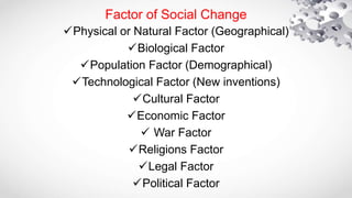 Physical or Natural Factor (Geographical)
Biological Factor
Population Factor (Demographical)
Technological Factor (New inventions)
Cultural Factor
Economic Factor
 War Factor
Religions Factor
Legal Factor
Political Factor
Factor of Social Change
 