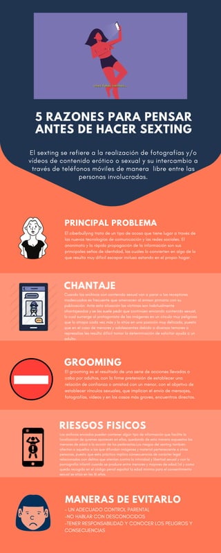 5 RAZONES PARA PENSAR
ANTES DE HACER SEXTING
El sexting se refiere a la realización de fotografías y/o
vídeos de contenido erótico o sexual y su intercambio a
través de teléfonos móviles de manera libre entre las
personas involucradas.
CHANTAJE
Cuando los archivos con contenido sexual van a parar a los receptores
inadecuados es frecuente que amenacen al emisor primario con su
publicación. Ante esta situación las víctimas son habitualmente
chantajeadas y se les suele pedir que continúen enviando contenido sexual,
lo cual sumerge al protagonista de las imágenes en un círculo muy peligroso
que lo atrapa cada vez más y lo sitúa en una posición muy delicada, puesto
que en el caso de menores y adolescentes debido a diversos temores a
represalias les resulta difícil tomar la determinación de solicitar ayuda a un
adulto.
MANERAS DE EVITARLO
- UN ADECUADO CONTROL PARENTAL
-NO HABLAR CON DESCONOCIDOS
-TENER RESPONSABILIDAD Y CONOCER LOS PELIGROS Y
CONSECUENCIAS
PRINCIPAL PROBLEMA
El ciberbullying trata de un tipo de acoso que tiene lugar a través de
las nuevas tecnologías de comunicación y las redes sociales. El
anonimato y la rápida propagación de la información son sus
principales señas de identidad, las cuales lo convierten en algo de lo
que resulta muy difícil escapar incluso estando en el propio hogar.
RIESGOS FISICOS
Los archivos enviados pueden contener algún tipo de información que facilite la
localización de quienes aparecen en ellos, quedando de esta manera expuestos los
menores de edad a la acción de los pederastas.Los riesgos del sexting también
afectan a aquellos a los que difundan imágenes y material perteneciente a otras
personas, puesto que esta práctica implica consecuencias de carácter legal
relacionadas con delitos que atentan contra la intimidad y libertad sexual y con la
pornografía infantil cuando se produce entre menores y mayores de edad.Tal y como
queda recogido en el código penal español la edad mínima para el consentimiento
sexual se sitúa en los 16 años.
GROOMING
El grooming es el resultado de una serie de acciones llevadas a
cabo por adultos, con la firme pretensión de establecer una
relación de confianza o amistad con un menor, con el objetivo de
establecer vínculos sexuales, que implican el envío de mensajes,
fotografías, vídeos y en los casos más graves, encuentros directos.
 