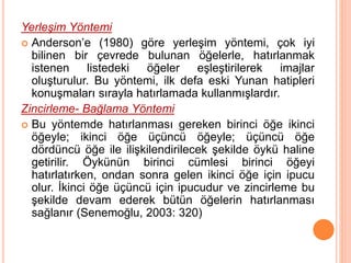 Yerleşim Yöntemi
 Anderson’e (1980) göre yerleşim yöntemi, çok iyi
bilinen bir çevrede bulunan öğelerle, hatırlanmak
istenen listedeki öğeler eşleştirilerek imajlar
oluşturulur. Bu yöntemi, ilk defa eski Yunan hatipleri
konuşmaları sırayla hatırlamada kullanmışlardır.
Zincirleme- Bağlama Yöntemi
 Bu yöntemde hatırlanması gereken birinci öğe ikinci
öğeyle; ikinci öğe üçüncü öğeyle; üçüncü öğe
dördüncü öğe ile ilişkilendirilecek şekilde öykü haline
getirilir. Öykünün birinci cümlesi birinci öğeyi
hatırlatırken, ondan sonra gelen ikinci öğe için ipucu
olur. İkinci öğe üçüncü için ipucudur ve zincirleme bu
şekilde devam ederek bütün öğelerin hatırlanması
sağlanır (Senemoğlu, 2003: 320)
 