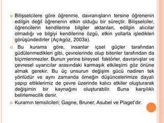  Bilişselcilere göre öğrenme, davranışların tersine öğrenenin
edilgin değil öğrenenin etkin olduğu bir süreçtir. Bilişselciler,
öğrencilerin kendilerine bilgiler aktarılan, edilgin alıcılar
olmadığı ve bilgiyi kendilerine özgü, etkin yollarla işledikleri
görüşündedirler (Açıkgöz, 2003a).
 Bu kurama göre, insanlar içsel güçler tarafından
güdülenmedikleri gibi, çevrelerinde olup bitenler tarafından da
biçimlenmezler. Bunun yerine bireysel faktörler, davranışlar ve
çevresel uyarıcılar arasındaki karmaşık etkileşimi göz önüne
almak gerekir. Bu üç unsurun değişim gücü nadiren tek
yönlüdür ve aynı zamanda örneğin düşüncelerimize dayalı
yapıp ettiklerimiz de çevre üzerinde kalıcı etkiler oluşturarak
değişimin bir kaynağını oluşturabilir. Buna karşılıklı
belirlemecilik denir.
 Kuramın temsilcileri; Gagne, Bruner, Asubel ve Piaget’dir.
 