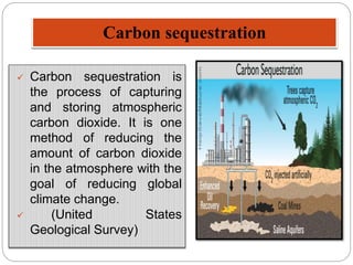 Carbon sequestration
 Carbon sequestration is
the process of capturing
and storing atmospheric
carbon dioxide. It is one
method of reducing the
amount of carbon dioxide
in the atmosphere with the
goal of reducing global
climate change.
 (United States
Geological Survey)
 