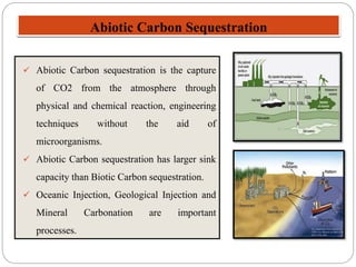 Abiotic Carbon Sequestration
 Abiotic Carbon sequestration is the capture
of CO2 from the atmosphere through
physical and chemical reaction, engineering
techniques without the aid of
microorganisms.
 Abiotic Carbon sequestration has larger sink
capacity than Biotic Carbon sequestration.
 Oceanic Injection, Geological Injection and
Mineral Carbonation are important
processes.
 