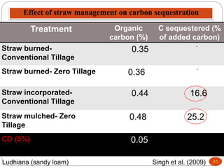 Effect of straw management on carbon sequestration
Treatment Organic
carbon (%)
C sequestered (%
of added carbon)
Straw burned-
Conventional Tillage
0.35
-
Straw burned- Zero Tillage 0.36
-
Straw incorporated-
Conventional Tillage
0.44 16.6
Straw mulched- Zero
Tillage
0.48 25.2
CD (5%) 0.05
Singh et al. (2009) 41
Ludhiana (sandy loam)
 