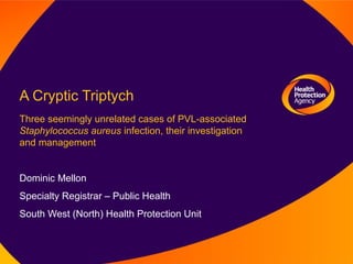 A Cryptic Triptych
Three seemingly unrelated cases of PVL-associated
Staphylococcus aureus infection, their investigation
and management
Dominic Mellon
Specialty Registrar – Public Health
South West (North) Health Protection Unit
 