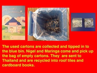 The used cartons are collected and tipped in to
the blue bin. Nigel and Maringa come and pick up
the bag of empty cartons. They are sent to
Thailand and are recycled into roof tiles and
cardboard books.

 