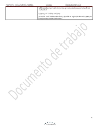 PROPUESTA EDUCATIVA MULTIGRADO.

SONORA

ESCUELAS UNITARIAS

¿Cómo elaborar un recipiente térmico aprovechando las características de los
materiales?
Acciones para cuidar el ambiente:
¿Cuál es el costo-beneficio del reusó y reciclado de algunos materiales que hay en
el hogar, la escuela o la comunidad?

69

 