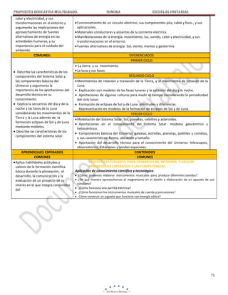 PROPUESTA EDUCATIVA MULTIGRADO.
calor y electricidad, y sus
transformaciones en el entorno y
argumenta las implicaciones del
aprovechamiento de fuentes
alternativas de energía en las
actividades humanas, y su
importancia para el cuidado del
ambiente.
COMUNES:

Describe las características de los
componentes del Sistema Solar y
los componentes básicos del
Universo y argumenta la
importancia de las aportaciones del
desarrollo técnico en su
conocimiento.
Explica la secuencia del día y de la
noche y las fases de la Luna
considerando los movimientos de la
Tierra y la Luna además de la
formación eclipses de Sol y de Luna
mediante modelos.
Describe las características de los
componentes del sistema solar.

APRENDIZAJES ESPERADOS
COMUNES
Aplica habilidades actitudes y
valores de la formación científica
básica durante la planeación, el
desarrollo, la comunicación y la
evaluación de un proyecto de su
interés en el que integra contenidos
del

SONORA

ESCUELAS UNITARIAS

Funcionamiento de un circuito eléctrico, sus componentes-pila, cable y foco-, y sus
aplicaciones.
Materiales conductores y aislantes de la corriente eléctrica.
Manifestaciones de la energía: movimiento, luz, sonido, calor y electricidad, y sus
transformaciones en el entorno.
Fuentes alternativas de energía: Sol, viento, mareas y geotermia
DIFERENCIADOS
PRIMER CICLO
La tierra y su movimiento.
La luna y sus fases.
SEGUNDO CICLO
Movimientos de rotación y traslación de la Tierra, y el movimiento de rotación de la
Luna.
Explicación con modelos de las fases lunares y la sucesión del día y la noche.
Aportaciones de algunas culturas para medir el tiempo considerando la periodicidad
del ciclo lunar.
Formación de eclipses de Sol y de Luna: similitudes y diferencias.
Representación en modelos de la formación de eclipses de Sol y de Luna.
TERCER CICLO
Modelación del Sistema Solar: Sol, planetas, satélites y asteroides.
Aportaciones en el conocimiento del Sistema Solar: modelos geocéntrico y
heliocéntrico.
Componentes básicos del Universo: galaxias, estrellas, planetas, satélites y cometas,
y sus características: forma, ubicación y tamaño.
Aportación del desarrollo técnico para el conocimiento del Universo: telescopios,
observatorios, estaciones y sondas espaciales.
CONTENIDOS
COMUNES
PROYECTO ESTUDIANTIL PARA DESARROLLAR, INTEGRAR Y APLICAR
APRENDIZAJES ESPERADOS Y LAS COMPETENCIAS.
Aplicación de conocimiento científico y tecnológico.
¿Cómo podemos elaborar instrumentos musicales para producir diferentes sonidos?
¿De qué manera aprovechamos el magnetismo en el diseño y elaboración de un aparato de uso
cotidiano?
¿Cómo funciona una parrilla eléctrica?
¿Cómo funcionan los instrumentos musicales de cuerda y percusiones?
Cómo construir un juguete que funcione con energía eólica?

71

 