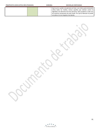 PROPUESTA EDUCATIVA MULTIGRADO.

SONORA

ESCUELAS UNITARIAS

Qué ocurre cuando una persona se traza una meta y para alcanzarla
utiliza todos los medios, incluso aquellos que atentan contra la
dignidad y los derechos de otras personas. Qué sucedería si cada uno
de nosotros actuáramos de este modo. Por qué la libertad no puede
ser plena si no se respeta a los demás.

95

 