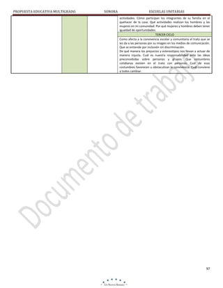 PROPUESTA EDUCATIVA MULTIGRADO.

SONORA

ESCUELAS UNITARIAS
actividades. Cómo participan los integrantes de su familia en el
quehacer de la casa. Qué actividades realizan los hombres y las
mujeres en mi comunidad. Por qué mujeres y hombres deben tener
igualdad de oportunidades.
TERCER CICLO
Como afecta a la convivencia escolar y comunitaria el trato que se
les da a las personas por su imagen en los medios de comunicación.
Que se entiende por inclusión sin discriminación.
De qué manera los prejuicios y estereotipos nos llevan a actuar de
manera injusta. Cuál es nuestra responsabilidad ante las ideas
preconcebidas sobre personas y grupos. Que costumbres
cotidianas existen en el trato con personas. Cuál de esas
costumbres favorecen u obstaculizan la convivencia. Cuál conviene
a todos cambiar.

97

 
