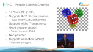 ©2013 AkamaiFaster ForwardTM
PNG – Portable Network Graphics
-  17 Years Old (1996)
-  Supports 8-32 bit color palettes
-  PNG8 and PNG24 Most Common
-  Supports Alpha Transparency
-  Good browser support
-  Certain issues in IE 6-8
-  Non-patented
-  Supports Animation (MNG)!
-  No browser support
 