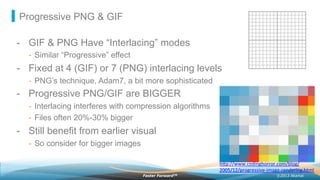 ©2013 AkamaiFaster ForwardTM
Progressive PNG & GIF
-  GIF & PNG Have “Interlacing” modes
-  Similar “Progressive” effect
-  Fixed at 4 (GIF) or 7 (PNG) interlacing levels
-  PNG’s technique, Adam7, a bit more sophisticated
-  Progressive PNG/GIF are BIGGER
-  Interlacing interferes with compression algorithms
-  Files often 20%-30% bigger
-  Still benefit from earlier visual
-  So consider for bigger images
h"p://www.codinghorror.com/blog/	
  
2005/12/progressive-­‐image-­‐rendering.html	
  	
  
 