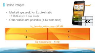 ©2013 AkamaiFaster ForwardTM
Retina Images
bg_header_retina.png – 56 KB
bg_header.png – 14KB
1 2
43
•  Marketing-speak for 2x pixel ratio
•  1 CSS pixel = 4 real pixels
•  Other ratios are possible (1.5x common)
3X	
  
 