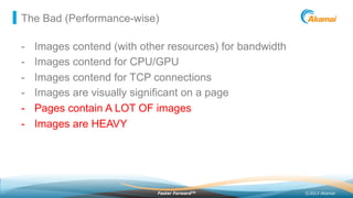 ©2013 AkamaiFaster ForwardTM
The Bad (Performance-wise)
-  Images contend (with other resources) for bandwidth
-  Images contend for CPU/GPU
-  Images contend for TCP connections
-  Images are visually significant on a page
-  Pages contain A LOT OF images
-  Images are HEAVY
 